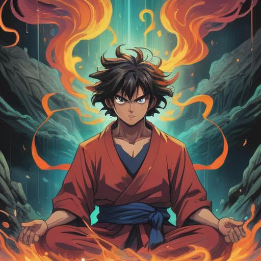 A powerful spiritual illustration representing the energy of anger as a positive sign, vibrant swirling colors symbolizing emotion, a serene figure meditating amidst the chaos, light radiating from within, harmonious balance between turmoil and peace, ethereal elements showing transformation, 4k