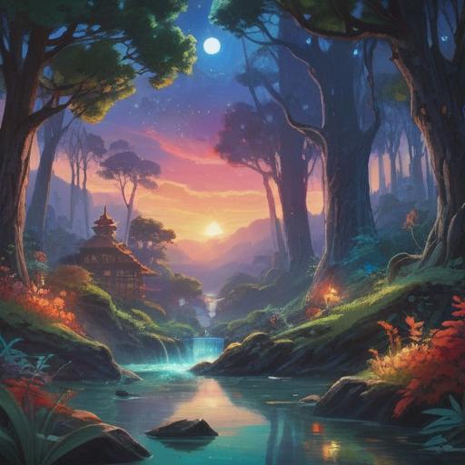 A mystical and calming scene depicting spiritual signs of tranquility, vibrant energy flowing around, ethereal light illuminating the surroundings, symbols of peace and serenity, nature elements like trees and flowing water, a sense of harmony, transcendent atmosphere, vivid colors, 4k