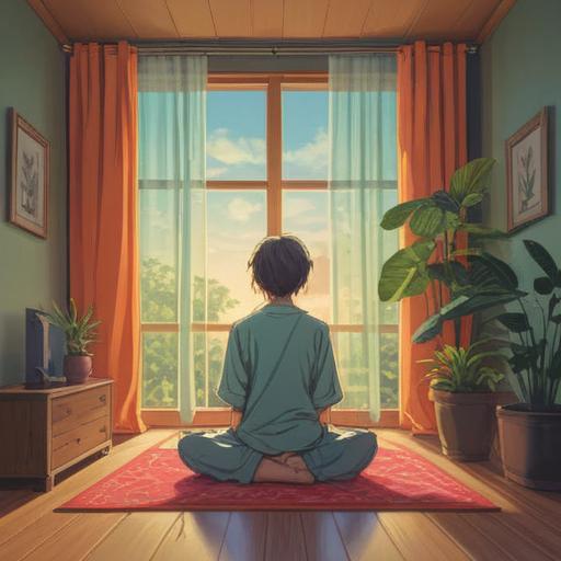 An illustration of a serene morning routine, a person meditating in a tranquil room, soft sunlight filtering through sheer curtains, surrounded by plants and calming elements, warm colors and inviting atmosphere, gentle expressions, mindfulness journal on a table, cozy and peaceful vibe, 4k