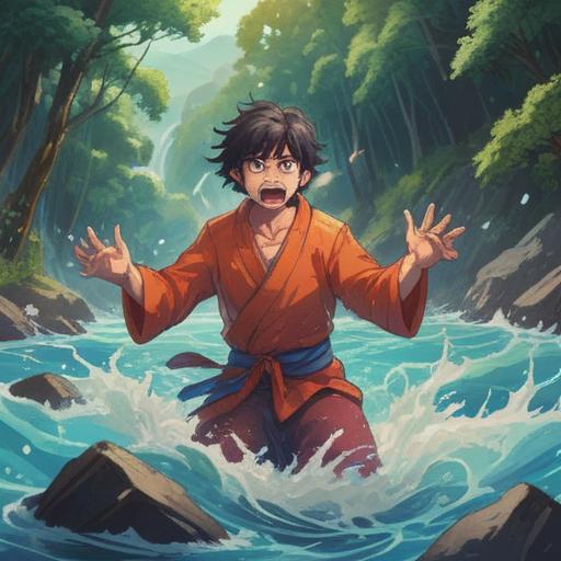 A serene illustration of a person releasing their anger through a flowing river, vibrant colors representing emotions, spiritual symbols floating around, nature's beauty intertwined with turmoil, peaceful yet dynamic scene, soft light filtering through trees, a sense of liberation and clarity, 4k