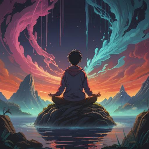 A serene scene depicting a person meditating in a tranquil environment, surrounded by swirling energy, vibrant colors representing anger dissipating into light, ethereal symbols of spirituality floating around, calm expression on the person's face, deep connection with nature, harmonious atmosphere, symbolic representation of transformation, 4k