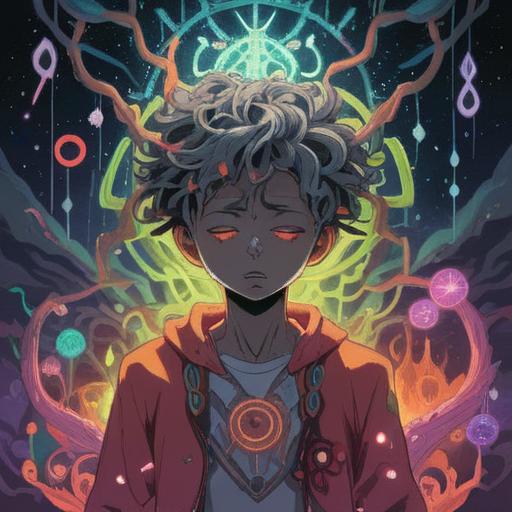 A surreal artwork illustrating a person holding their head in pain, surrounded by ethereal symbols representing spiritual signs, mystical light radiating from the top, hints of nature elements like leaves and flowers, soft yet vivid colors, a blend of calmness and tension in the atmosphere, highlighting the connection between physical pain and spiritual awareness, 4k