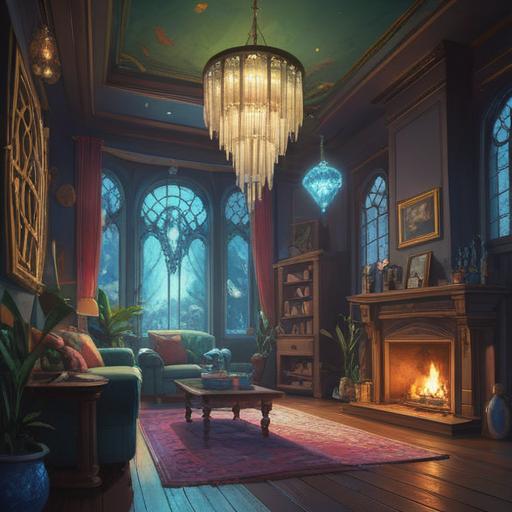 A calming scene featuring a large, shimmering crystal emanating soothing light, set in a tranquil indoor space, surrounded by soft, flowing fabrics, a peaceful atmosphere, gentle colors blending harmoniously, hints of herbal elements like lavender, a serene character meditating beside the crystal, relief from anger and headache depicted visually, 4k