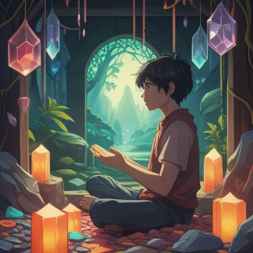 A serene crystal healing scene, a tranquil setting with a person meditating surrounded by various colorful crystals, soft natural light filtering through, gentle aura radiating from the crystals, lush greenery in the background, peaceful atmosphere, mindfulness and tranquility, vibrant colors, 4k