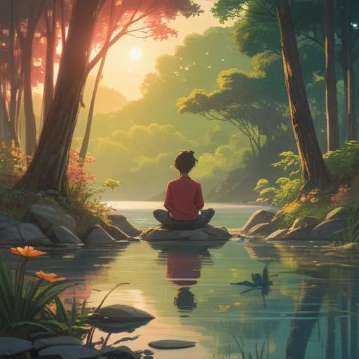 A serene illustration depicting a peaceful landscape, gentle sunlight filtering through trees, a person meditating by a tranquil lake, harmonious colors blending together, symbols of calmness and balance, nature's beauty fostering emotional well-being, soft reflections on water, emphasizing mindfulness techniques, 4k