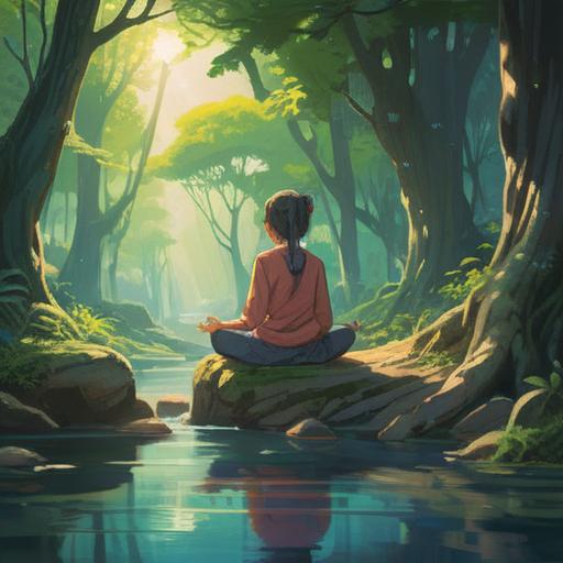 A serene illustration of a person meditating in a tranquil forest, sunlight filtering through the trees, gentle water stream nearby, surrounded by glowing orbs of light representing positive energy, harmonious colors, peaceful expression, natural elements symbolizing healing, soothing atmosphere, 4k