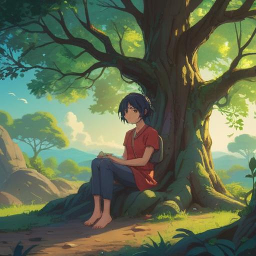 A serene and enlightening scene depicting a person sitting quietly under a tree, surrounded by gentle light, an aura of calmness, symbols of transformation in the air, the person reflecting on their experiences, elements of nature symbolizing growth, vibrant colors representing positive energy and spiritual awareness, soft focus on the background, 4k