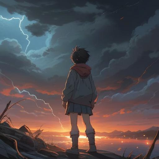 A person looking distressed under a stormy sky, surrounded by dark clouds symbolizing negativity, noticing a bright light breaking through, representing hope, subtle signs like butterflies and feathers floating around, an ethereal glow to signify spiritual guidance, 4k