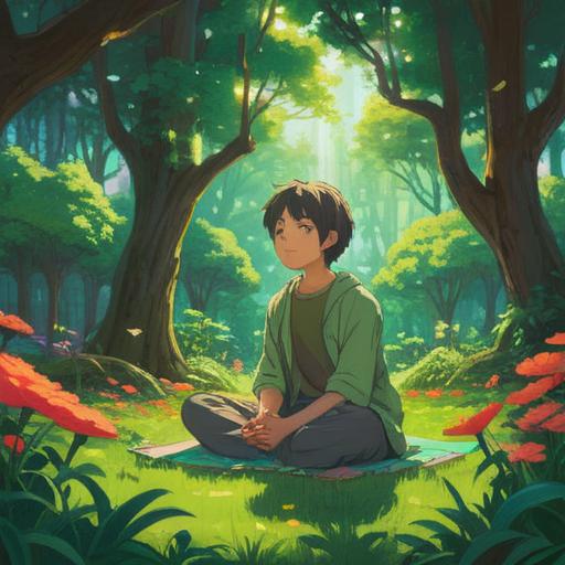 A serene scene depicting a person meditating in a lush green park, surrounded by blooming flowers and gentle sunlight filtering through the trees, a calm pond in the background reflecting the sky, the character in a peaceful pose, conveying tranquility and mindfulness, soft breezes, nature sounds, a harmonious atmosphere, 4k