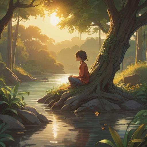 A serene landscape, depicting a tranquil figure meditating under a large tree, soft golden sunlight filtering through the leaves, gentle river flowing nearby, symbols of peace and inner calm, harmonious colors, ethereal aura, reflective and peaceful atmosphere, spiritual journey, nature’s embrace, 4k
