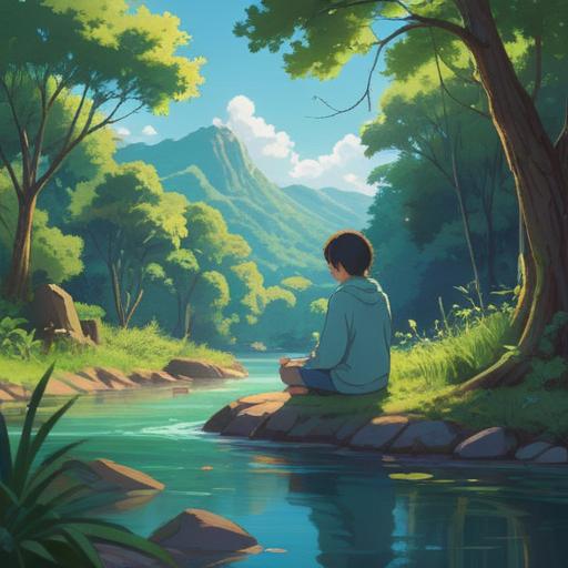 A serene and peaceful landscape, gentle flowing river, lush green trees, bright blue sky, a person meditating near the water, soft rays of sunlight illuminating the scene, symbols of harmony and balance in nature, sense of inner calm, vibrant and soothing colors, 4k