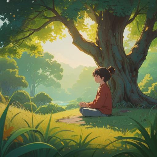 A serene landscape depicting a person meditating under a large tree, soft sunlight filtering through the leaves, gentle wind rustling the grass, ethereal aura surrounding the figure, symbols of spiritual awareness subtly integrated in the scene, calm expression on the person's face, harmonious atmosphere, peaceful coexistence with nature, 4k