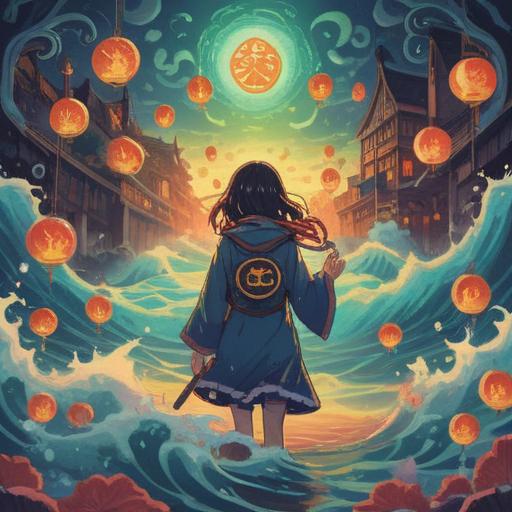 A serene illustration of a person holding a charm that represents calmness, surrounded by gentle waves of soothing colors, symbols of luck like four-leaf clovers and horseshoes, a peaceful environment with soft lighting, the person wearing a relaxed expression, harmony between the charm and the character, detailed background with nature elements like trees and a flowing river, 4k