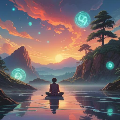 A serene, ethereal landscape, glowing orbs of light surrounding a figure in meditation, soft waves of energy flowing through the air, vibrant colors contrasting with darker tones representing anger, subtle spiritual symbols appearing in the background, a sense of calm amidst chaos, introspective expression, harmonious nature, 4k