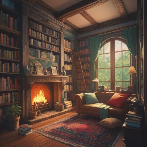 A serene library scene, books stacked neatly, a cozy reading nook, sunlight filtering through large windows, warm wooden shelves, a comfortable armchair, peaceful atmosphere, inviting ambiance, soft colors, 4k