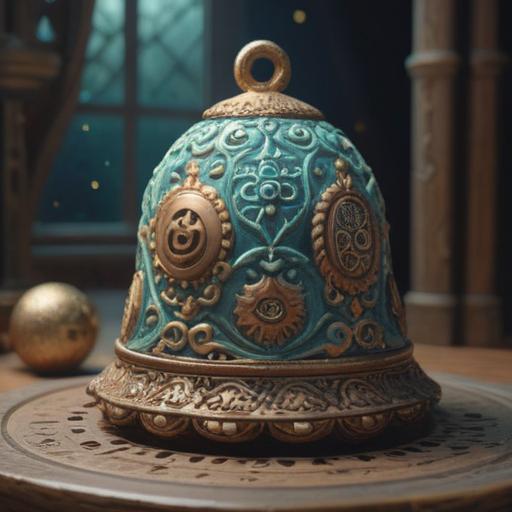 A whimsical illustration of a ceramic bell, shimmering with spiritual symbols and intricate patterns, surrounded by soft ethereal light, a serene natural background with lush greenery and gentle flowing water, a mood of tranquility and harmony, representing the spiritual connection and protection, detailed close-up view, 4k
