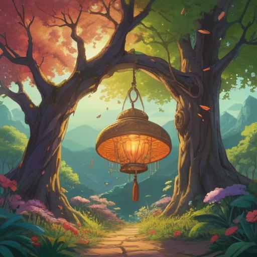 A serene scene featuring a colorful traditional do-bell, symbolizing spiritual good fortune, surrounded by nature, soft sunlight illuminating the delicate craftsmanship, a peaceful atmosphere, vibrant flora and fauna, intricate details of the bell's carvings, representing luck and harmony, a tranquil setting, 4k