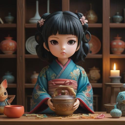 A serene and mystical scene featuring a traditional Japanese earthenware doll, symbolizing spiritual signs, surrounded by an ethereal glow, nestled among cherry blossom trees, gentle rays of sunlight filtering through the branches, peaceful stream in the background, warm and calming color palette, intricate details, spiritual connection, cultural significance, 4k