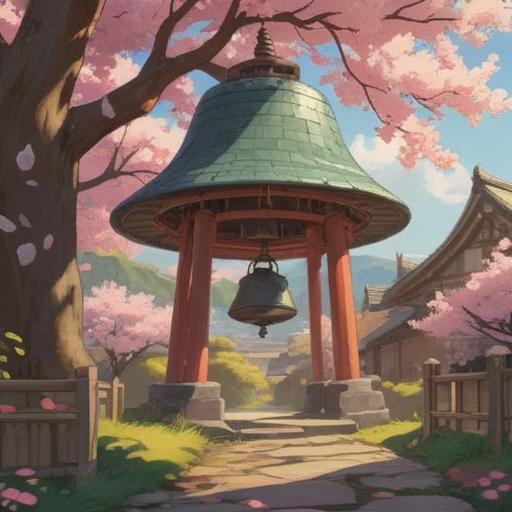 A serene scene featuring a traditional Japanese earthenware bell (doremi), surrounded by vibrant cherry blossom trees, gentle sunlight filtering through the petals, a tranquil garden setting, symbolizing prosperity and good luck, peaceful ambiance, intricate detailing on the bell, soft focus on the background, harmonious colors, evoking a sense of balance and positive energy