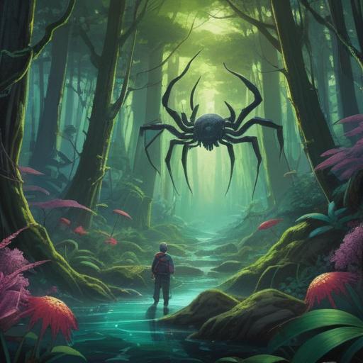 A mystical scene depicting the encounter with a Tsuchigumo, ancient Japanese spider spirit, surrounded by ethereal energy, vibrant forest setting, glowing orbs representing spiritual signs, subtle fog enhancing the mysterious atmosphere, detailed textures on the spider's silk web, a sense of caution embodied in the atmosphere, nature's harmony, rich colors, 4k