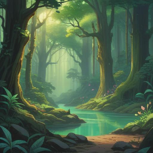 A serene landscape depicting the spiritual meaning of land exploration, a mystical forest with ancient trees, vibrant shades of green, gentle streams flowing, symbols of nature's energy, a person meditating on a rock, surrounded by ethereal light, harmonious connection with the earth, tranquil atmosphere, 4k