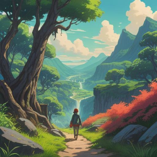 A serene landscape depicting a person exploring various terrains, vibrant greenery and rolling hills, ethereal light filtering through trees, symbols of spirituality like mandalas and feathers, tranquil atmosphere, signs of nature representing positive energy and guidance, calming colors, harmonious environment, 4k