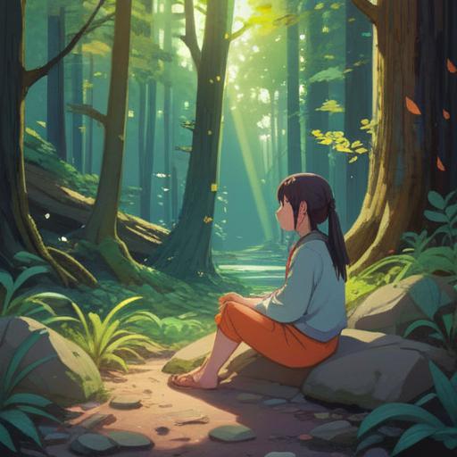 A serene nature scene, a person contemplating in a peaceful forest, subtle signs like feathers and stones indicating spiritual guidance, gentle sunlight filtering through the trees, a calm river flowing nearby, a sense of connection to the earth, vibrant colors, tranquil atmosphere, 4k