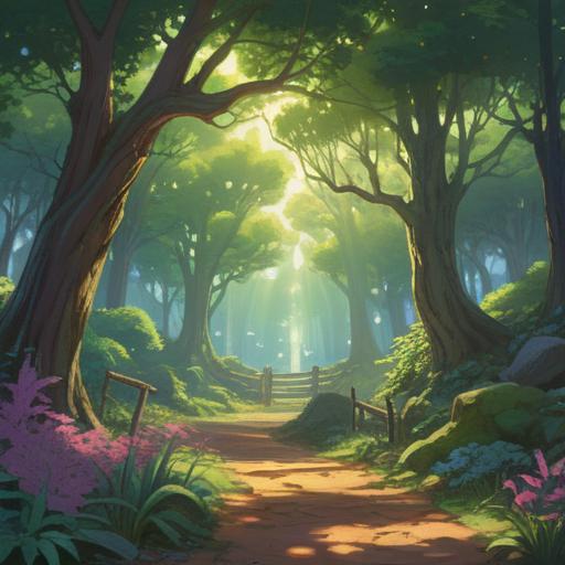 A serene landscape depicting the act of letting go of land, symbolic representation of spiritual release, gentle sunlight filtering through trees, a winding path leading towards the horizon, lush greenery symbolizing growth and new beginnings, ethereal atmosphere, subtle imagery of transformation, peaceful and meditative scene, 4k