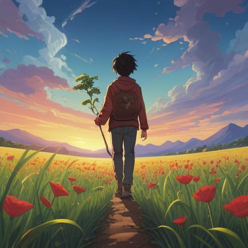 A serene landscape featuring a peaceful open field, symbolizing new beginnings and growth, a person holding a small plant, representing the spiritual connection to land ownership, soft sunlight illuminating the scene, gentle rolling hills in the background, vibrant blue sky with fluffy clouds, harmonious atmosphere, symbolic elements such as trees and stones, 4k