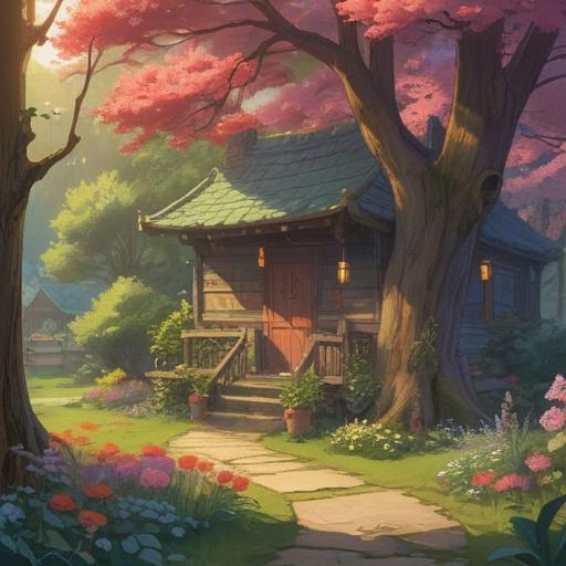 A serene illustration of a magical talisman surrounded by blooming flowers, warm sunlight filtering through trees, a cozy home in the background, soft colors, inviting atmosphere, symbols of prosperity and good fortune, detailed textures, harmonious composition, 4k