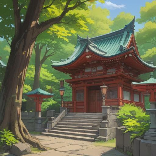 A serene illustration of Tosa Shrine, vibrant colors, lush greenery surrounding the shrine, traditional Japanese architecture, spiritual essence captured through gentle light, people engaging in prayer, sense of tranquility, cultural significance, 4k