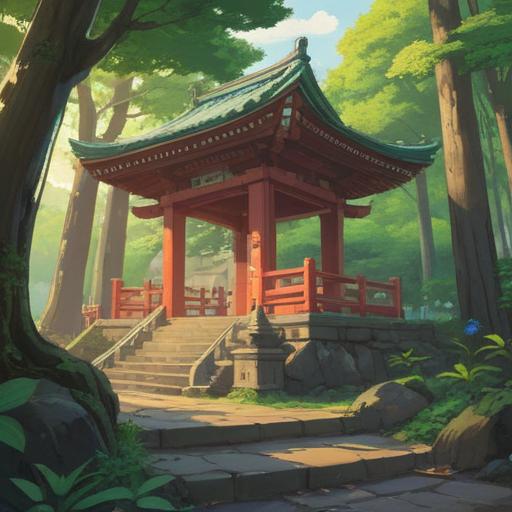 A serene illustration of Tosa Shrine, lush greenery surrounding the shrine, sunlight filtering through ancient trees, a peaceful atmosphere, visitors offering prayers, subtle spiritual symbols in the air, calming waters nearby, traditional Japanese architecture, sense of tranquility, harmony with nature, 4k