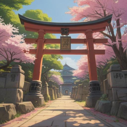 A serene scene at Tosa Shrine, gentle sunlight filtering through trees, vibrant cherry blossoms in the foreground, a peaceful pathway leading to the shrine, subtle spiritual symbols emerging in the air, visitors pausing in reflection, tranquility and reverence captured in the atmosphere, nature harmonizing with spirituality, 4k