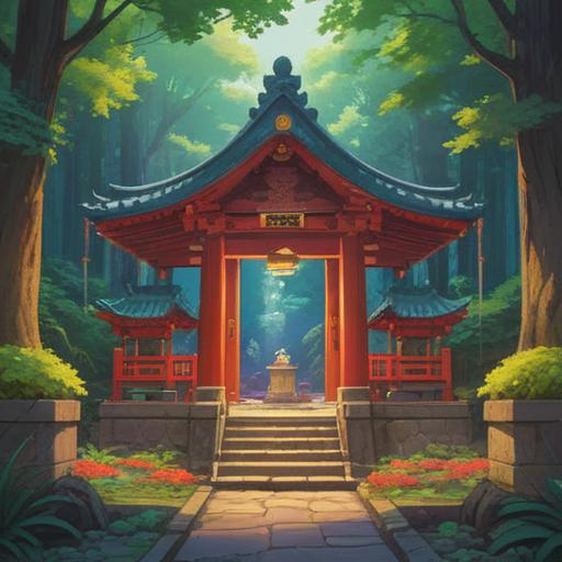 A serene depiction of visiting Tosa Shrine, vibrant lucky charms displayed, lush greenery surrounding the shrine, a sense of tranquility and spiritual awakening, light filtering through the trees, people in traditional attire, elements symbolizing good fortune, 4k