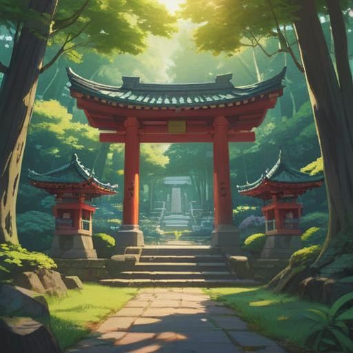 A serene and tranquil depiction of Tosa Shrine, lush greenery surrounding the shrine, gentle sunlight filtering through the trees, a peaceful atmosphere encouraging mindfulness, people meditating in front of the shrine, sacred energy emanating from the traditional architecture, harmonious connection with nature, calming vibes, 4k