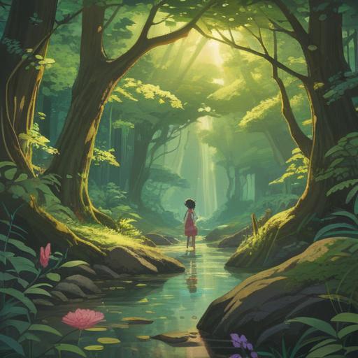 A serene illustration of nature, earthy colors, a gently flowing stream, lush green trees, soft sunlight filtering through leaves, a figure meditating by the water, symbols of spiritual guidance around, a feeling of connection to the earth, tranquility and awareness, 4k