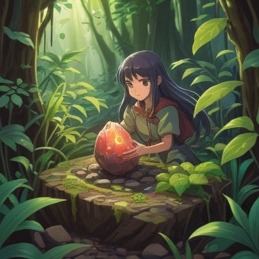 A serene illustration of a lucky stone resting on rich, moist soil, sunlight filtering through leaves, earthy tones, vibrant greenery surrounding the stone, a feeling of tranquility and nature, the scent of fresh earth in the air, detailed texture of the soil and stone, warm and inviting atmosphere, 4k