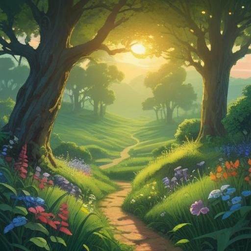 A serene landscape depicting the spiritual essence of earth energy, lush green fields, ancient trees, sunlight filtering through the leaves, vibrant flowers representing life force, a calm river flowing, meditative atmosphere, earthy color palette, harmonious connection with nature, 4k