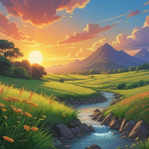 A serene landscape depicting the energy of earth, lush green fields, gentle flowing rivers, vibrant plant life, a bright sun shining through soft clouds, symbols of spiritual growth like spirals and mandalas, peaceful people meditating, harmonious connection with nature, tranquility and balance, 4k