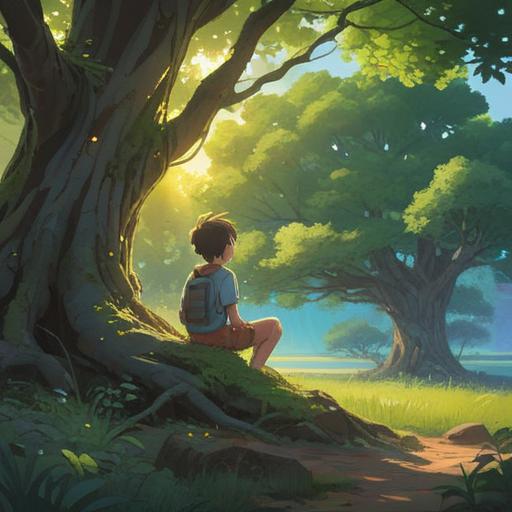 A serene landscape depicting the struggle of unrecognized effort, a person sitting under a large tree, contemplative expression, rays of sunlight filtering through leaves, representing hope and resilience, symbolic butterflies fluttering nearby, soft colors, peaceful atmosphere, 4k