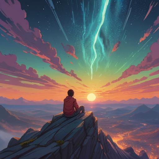 A serene, introspective scene depicting a person sitting on a mountain peak, gazing at the stars, surrounded by ethereal lights representing spiritual signs, soft glow illuminating their face, feelings of doubt and perseverance, symbolic elements like a broken compass and shadowy figures in the background, conveying the struggle of unacknowledged effort, peaceful yet contemplative atmosphere, 4k