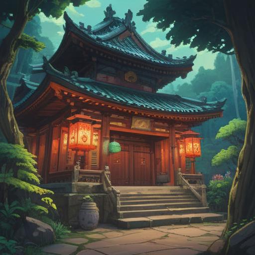 A serene illustration of Taka Shrine, surrounded by lush green forests, peaceful ambiance, spiritual significance, ancient wooden structures, glowing lanterns, soft sunlight filtering through trees, traditional Shinto architecture, harmonious connection with nature, tranquil atmosphere, 4k