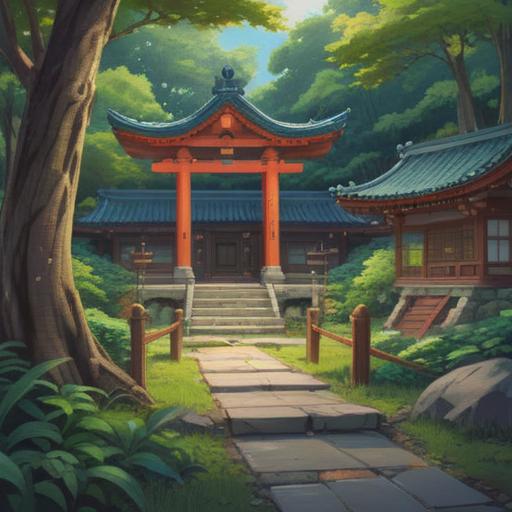 A serene landscape featuring Toka Shrine, surrounded by lush greenery and traditional Japanese architecture, a mystical aura enveloping the shrine, ethereal light filtering through the trees, people meditating and receiving positive energy, vibrant colors that evoke tranquility, spiritual symbols subtly integrated into the environment, 4k