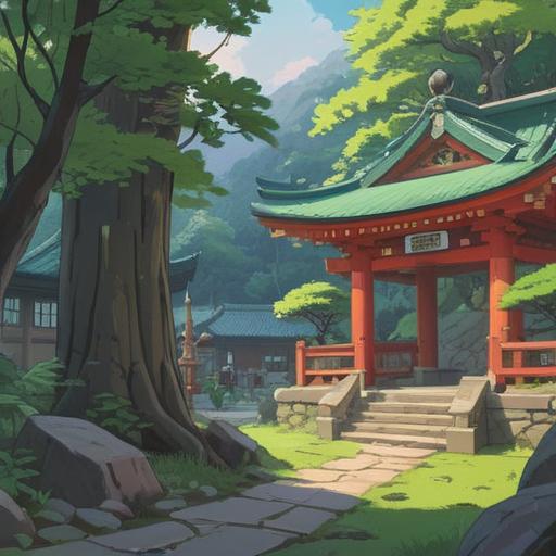A serene illustration of Toshika Shrine, peaceful atmosphere, lush green surroundings, traditional Japanese architecture, pilgrims visiting the shrine, symbolic lucky items like amulets and omikuji, enchanting sunlight filtering through the trees, sense of tranquility, 4k