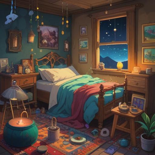 A magical scene depicting lucky items for enhancing mid-sleep awakenings, various colorful charms and amulets scattered on a bedside table, soft glowing light from a window, tranquil bedroom ambiance, delicate textures of the fabrics, dreamlike atmosphere, a subtle hint of ethereal energy surrounding the items, 4k