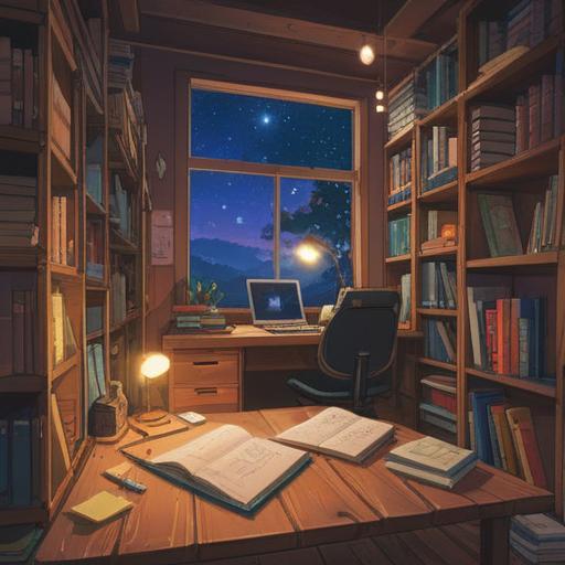 A cozy study room filled with stacks of books and notebooks, a wooden desk with an open laptop displaying a digital note, bullet points and diagrams scattered around, a cup of coffee steaming nearby, warm lighting creating an inviting atmosphere, a large window showing a serene garden outside, 4k