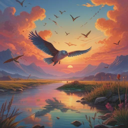 A serene landscape featuring migratory birds in flight, symbolizing spiritual journey and freedom, vibrant sky at sunset, soft feathers catching the light, harmonious connection to nature, peaceful ambiance, reflection on water, mystical aura, 4k