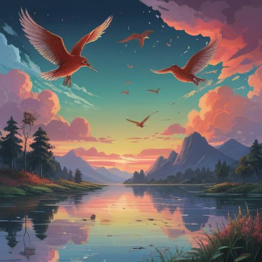 A serene landscape depicting migratory birds in flight, ethereal light filtering through clouds, a tranquil lake reflecting the sky, an aura of spirituality and connection to nature, symbolic representation of freedom and change, harmonious colors, peaceful ambiance, 4k