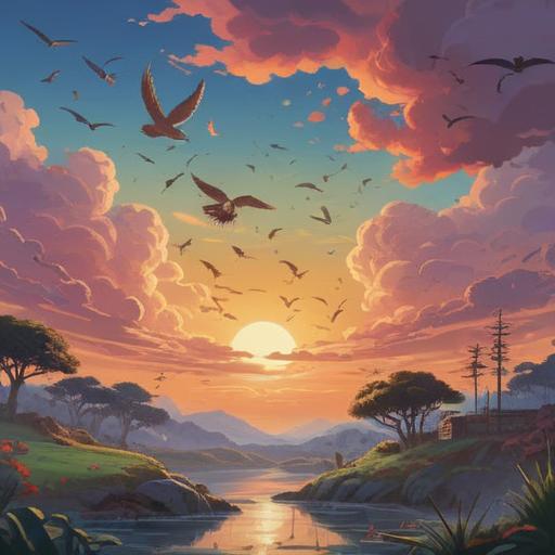 A serene landscape depicting migratory birds in flight, vibrant sky with soft clouds, subtle sunlight shining through, various species of birds, ethereal aura surrounding them, spiritual symbols subtly integrated into the scene, tranquil atmosphere, connection to nature, 4k
