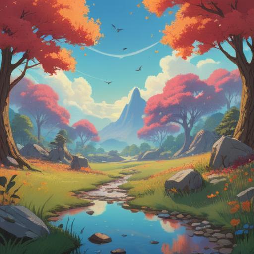 A serene landscape featuring a lucky stone resting on the ground, with a flock of migratory birds flying overhead, soft sunlight illuminating the scene, gentle breeze rustling the nearby grass, tranquil atmosphere, detailed textures of the stone and feathers, vibrant colors of the sky, hint of adventure and hope, 4k